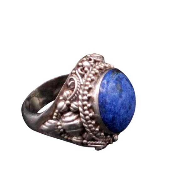 Vintage Sterling Silver Lapis Lazuli Ring With Ornate Filigree Design - Picture 2 of 3